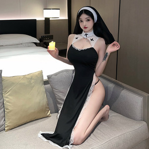 Lencería sexy de <span class=keywords><strong>monja</strong></span> para adultos, atuendo <span class=keywords><strong>con</strong></span> abertura de fácil acceso para ambiente de dormitorio, disfraz sexual, ropa interior sexy para mujer, negro, fino - Product Image 6