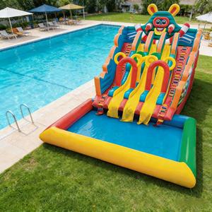 Toboggan aquatique gonflable commercial d'extérieur en PVC, thème monstre de dessin animé, 3 pistes, 12x5x6m, 500kg, pour usage résidentiel par les enfants, personnalisable - Product Image 5