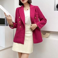 여성용 우아한 더블 브레스티드 트위드 블레이저 노치드 라펠 긴소매 플래드 체크 재킷 오피스 캐주얼 아우터웨어 탑