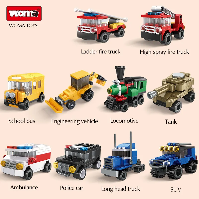 WOMA TOYS Factory Hot Sale Kinder Pädagogische Mini Polizeiauto Zug Kunststoff Kleine Ziegel Bausteine Set Klassisches Schiebe auto