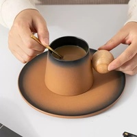 Tasse à café créative en céramique et bois avec cuillère - Thé de l'après-midi, Tasse à lait raffinée, Tasse de petit-déjeuner, Cadeau d'entreprise