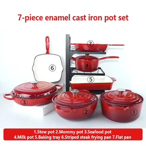 Ensemble de cuisson multifonctionnel <span class=keywords><strong>en</strong></span> <span class=keywords><strong>fonte</strong></span> émaillée de sept pièces avec couvercle <span class=keywords><strong>en</strong></span> métal et <span class=keywords><strong>faitout</strong></span> - Product Image 3