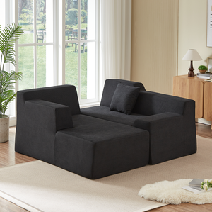 Modern Minimalist L-shaped Corduroy High Back Sofa with Wood Legs Three Seat Sofa <b>Bed</b> - Product Image 2