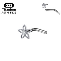 Anting Hidung Titanium F136 Bentuk Bunga Hati dengan Zirkon, Pin Bentuk L, Perhiasan Tindik Grosir