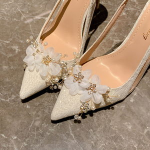 Wedding Party 6CM/8CM/10CM Sapatos Femininos Pointed Toe Designer <b>White</b> Floral Sexy Women Slingback High <b>Heels</b> for Ladies - Product Image 4