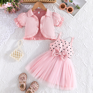 Vestido Casual Elegante para Niña, Conjunto de Dos Piezas con Mangas Abullonadas y Falda con Lazo para Fiestas de Verano - Product Image 1