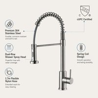 Grifo de cocina KIDOIR Spring comercial con pre-encerado, cabezal de pulverización de doble fila, acero inoxidable, monomando, acabado en níquel cepillado, cUPC