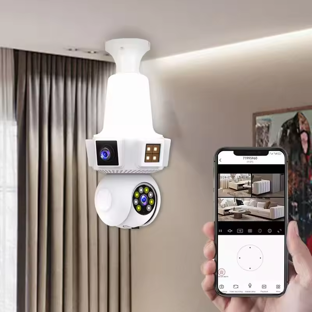 12mp E27 Three Lens Wireless Security Camera Light Bulb Home Two Way Audio Cctv Network Camera IP PTZ Mini Wifi Camera