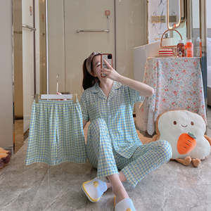 Importation coréenne 3 pièces ensemble manches courtes printemps vêtements de nuit taille élastique Baju Tidur Daster Pijama pour <span class=keywords><strong>femmes</strong></span> vie quotidienne Style tissé - Product Image 2