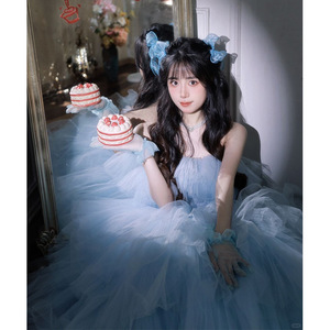 Strapless Blue Tulle Ball Gown Wedding Dress Empire Waistline Candy Color Indoor Photo Shoot Costume - Product Image 3