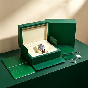 Caja de reloj de piel sintética verde al por mayor, juego completo con interior de terciopelo, embalaje individual para reloj con folleto y etiquetas para boutique de relojes - Product Image 1