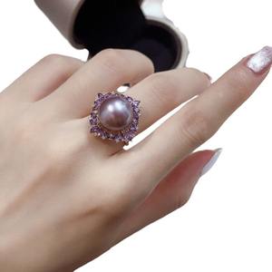 Bague en perle violette de luxe légère, 12-13 mm, naturelle, ronde, sans défaut, en argent pur, ensemble de luxe - Product Image 5
