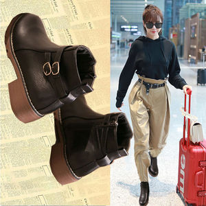 Women's Fashionable 2026 New Comfortable British Style Belt Buckle Chunky Round Toe High Top Leather <b>Boots</b> - Product Image 4