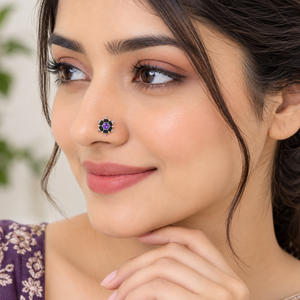 Bijou de nez traditionnel indien en argent 925 avec améthyste violette ronde, serti en forme de halo floral, pour femmes et jeunes filles - Product Image 3