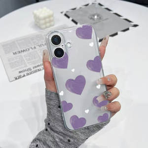 Coque de téléphone transparente pour iPhone 16, 15 Pro, 13, 14, motif cœur violet, personnalisable, compatible avec Apple 17 Pro Max, tendance - Product Image 1