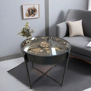 European Retro Coffee Table <b>Clock</b> With Gear Design Tempered Glass Top Silent <b>Mechanism</b> Living Room Decor - Product Image 2
