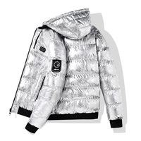 Veste d'hiver pour homme en polyester brillant, style sportif, épaisse, chaude, ample, réversible, avec capuche amovible, fermeture éclair, enduite