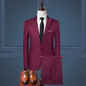 Bộ Vét Công Sở 2 Món Cho Nam, Áo Blazer Dáng Ôm Màu Đỏ Phong Cách Hàn Quốc Bán Buôn Tùy Chỉnh