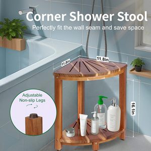 Cheng Zhi Mei Bamboo Wood Bathroom Stool Fan Shaped <b>Corner</b> Shelf Double Layer Storage <b>Rack</b> For Bathtub <b>Shower</b> Use - Product Image 3