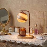 Lampe chauffe-bougie sans flamme avec abat-jour sphérique en onyx naturel, base ovale en bois, 4 niveaux de luminosité réglables, minuterie automatique 2-8H et 2 ampoules GU10