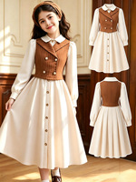 Ensemble deux pièces pour fille automne 2026 : Gilet rayé marron à manches longues + Robe longue beige – Ensemble Preppy 2 pièces