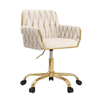 Chaise de bureau/vanité/bureau moderne en velours, réglable en hauteur, pivotante à 360°, avec accoudoirs, dossier tissé à la main, base dorée
