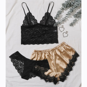 Conjunto de dos piezas de ropa de estar por casa de imitación de seda negra, estilo europeo y americano, a la moda y cómodo, al por mayor. - Product Image 2