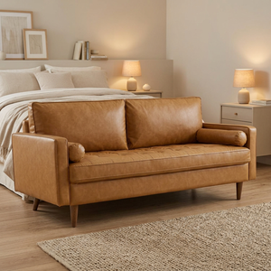 Canapé personnalisable de style tendance pour salon, hôtel, appartement, canapé confortable en cuir beige 3 places, canapé Tuxedo avec accoudoirs carrés - Product Image 1