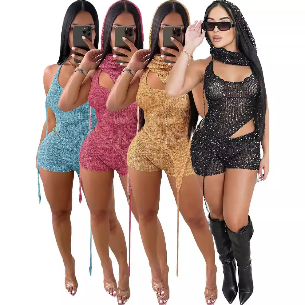 Hollow summer glitter dancer outfits exotic sexy ladies wear 3 pieces sets party wear two piece outfit for women
