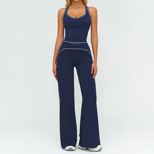 Комплект для йоги из двух предметов: топ с открытыми плечами и брюки с высокой талией, расклешенные, однотонные, женские, с эластичным поясом, дышащие, экологичные, быстросохнущие - Product Image 3