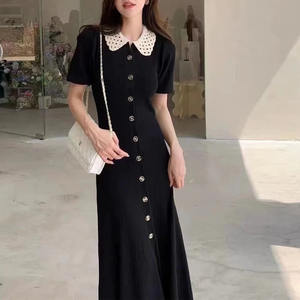 New <strong>Chevron</strong>-patterned Openwork Lace Collar Sleeve <strong>Dress</strong> with Single Waistline for Slimming Effect - Product Image 1