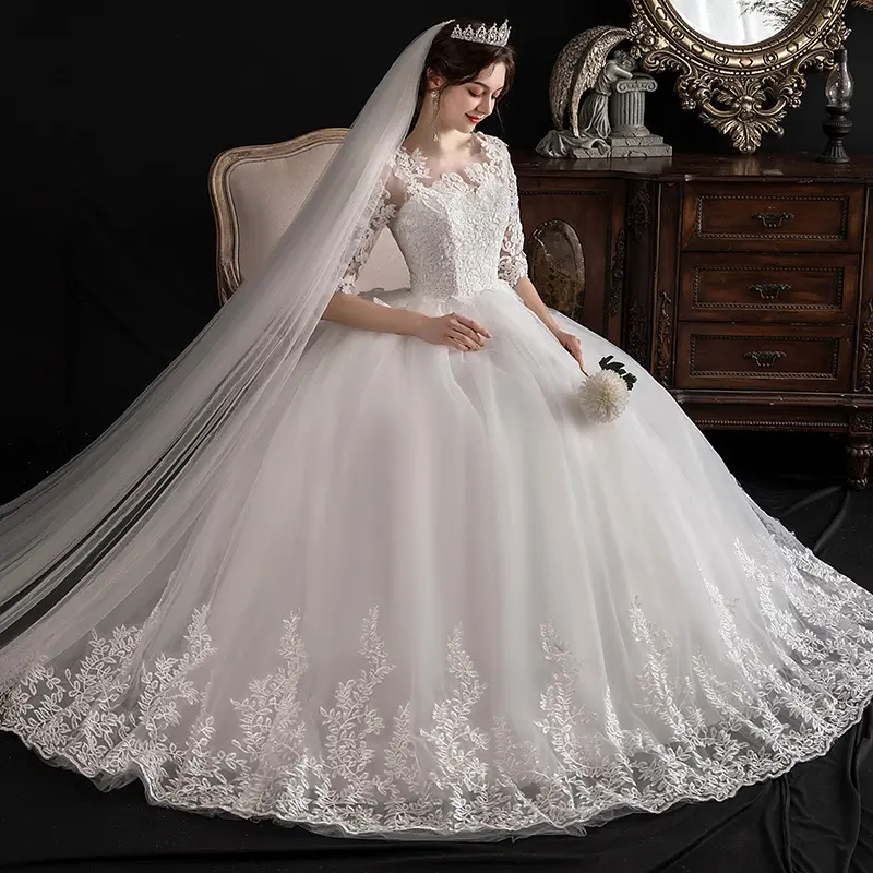 Elegant Lace Wedding Dress Ball Gown Mid-sleeve Floor-length Flower Embroidery Wedding Dress for Women
