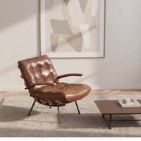 Fauteuil inclinable moderne rétro en cuir véritable ciré à la cire, capitonné, avec un seul accoudoir, pieds en métal, confortable, pour la maison, salon