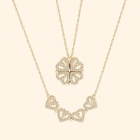 Collier Cœur Magnétique Trèfle à Quatre Feuilles en Gros, Pendentif en Cuivre Entièrement Sertie de Zircons, Plaqué Or, Bijoux de Luxe Inoxydables