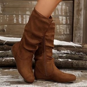Plus Size Mid-Calf Boots Women Autumn Winter New Slip-On Pleated Slouch <b>Flat</b> Pu Upper Rubber Outsole Solid Round <b>Toe</b> Shoes - Product Image 6