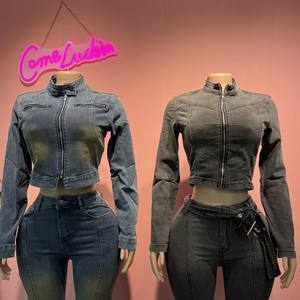 Comeluckin Acid Washed Stretch Denim Herfst Vrouwenkleding Katoen 2-delig Set Lange Mouwen Cropped Jack & Broekpak Lente Outfits - Product Image 3