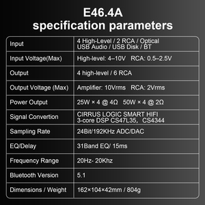 Amplificateur de voiture Audiowinner E46.4A 4 canaux classe AB avec processeur audio DSP 6 canaux intégré, égaliseur et <span class=keywords><strong>crossover</strong></span> 9-16V - Product Image 4
