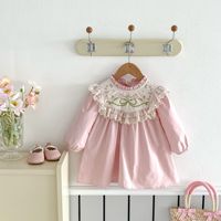 Robe de princesse pour filles, nouvelle collection printemps, en coton, avec col montant en dentelle, broderie florale, manches longues, pour tout-petits et enfants
