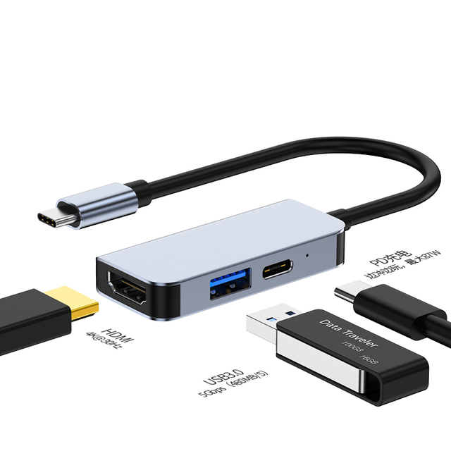 Gray 3 in 1 Usb Type C Hub to 4K HD 30Hz Display and Usb 3.0 Charging Usb C Hub Converter Adapter Cable for Mac Mini M1 Dock