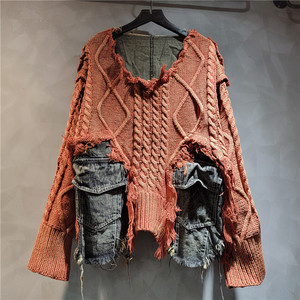 2025 Vintage à manches longues Denim poches Patchwork col en v <span class=keywords><strong>pull</strong></span> hauts amples <span class=keywords><strong>vieux</strong></span> modèles femmes tricoté <span class=keywords><strong>pull</strong></span> - Product Image 2