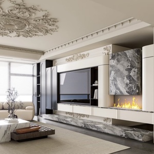 <span class=keywords><strong>Meuble</strong></span> <span class=keywords><strong>TV</strong></span> sculpté de luxe français avec cheminée, unité <span class=keywords><strong>TV</strong></span> intégrée sur mesure pour salon en finition blanc et <span class=keywords><strong>gris</strong></span> foncé - Product Image 3