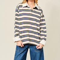 Damen Creme Blau Lila Gelb Mehrfarbig Gestreiftes Weißes Gewebtes Kragen-Oversize-Langarm-Poloshirt