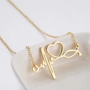 Lovers Gift Jewelry Love Heartbeat Doctor Necklace Stainless Steel Gold Plated Clavicle Chain Heart Pendant Necklace For Women