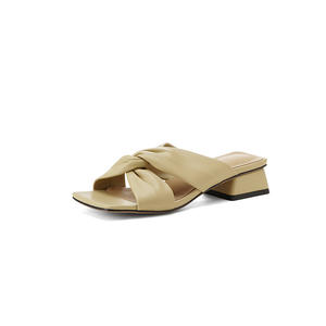 Summer Korean Style Genuine Leather Fashion Trend Comfortable Simple Slip-On Square-Toe Chunky Low-Heeled <b>Crossover</b> Ankle Strap - Product Image 1