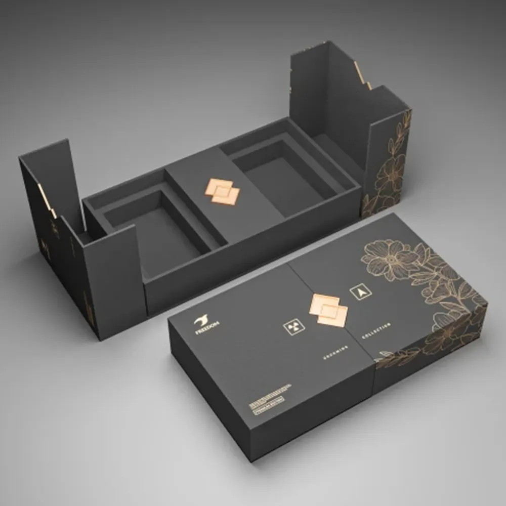 صندوق هدايا ورقي من الورق المقوى الصلب قابل للطي بفتحة سوداء غير لامعة بشعار مطبوع مخصص مزود بمغناطيس