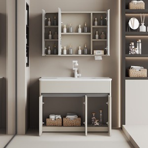 Nouvelle armoire de salle de bain de luxe blanche sur pied avec lavabo intégré en céramique et meuble vasque combiné - Product Image 3