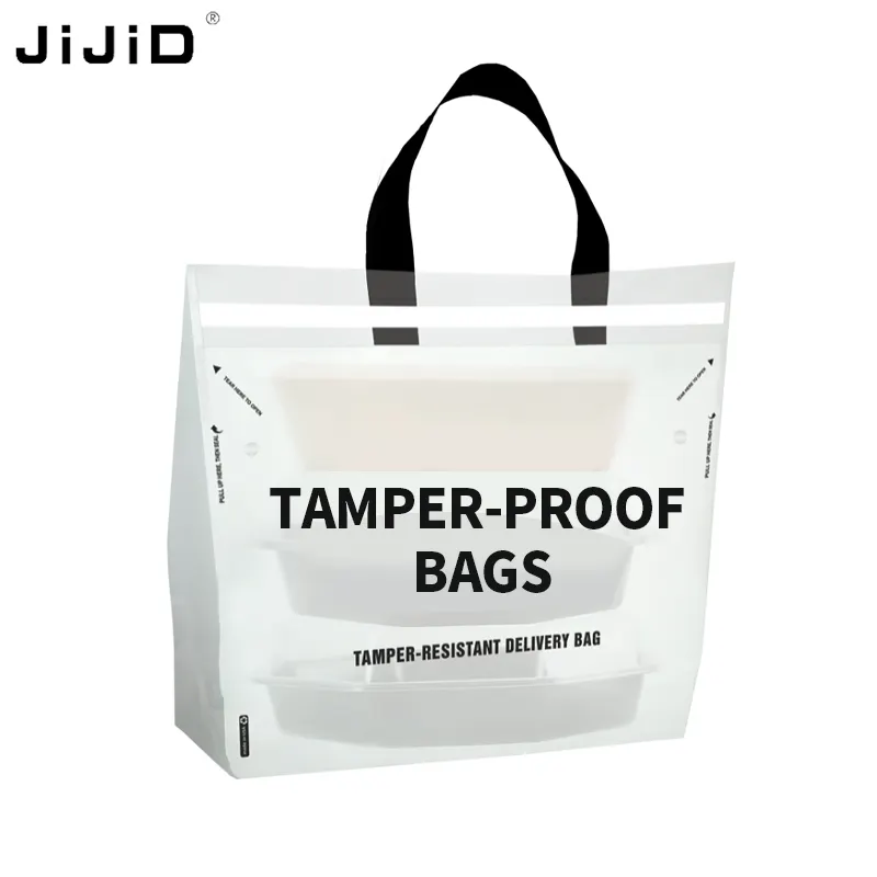 JiJiD Restaurant Adhesive Seal Tamper Proof Food Delivery Clear Plastic Hand Bag Reusable To Go Bag Carry Out Bag