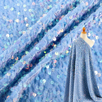 Tissu en velours brodé de sequins AB irisés bleu clair 5 mm, motif losanges, pour robes de soirée, vente en gros