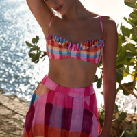 En gros Maillot de bain bikini 2 pièces pour femme, design personnalisé Repreve, motif Gingham tendance, bandeau, bordure plissée, coupe haute