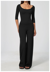 Ensemble tricoté 2 pièces bleu marine pour femme, haut sans manches et pantalon large, décontracté, printemps/été, coupe régulière, rayé, respirant - Product Image 3